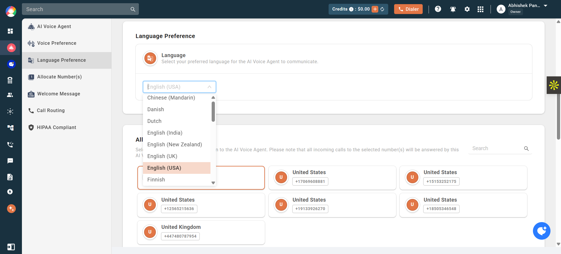 AI voice agent multilingual dashboard