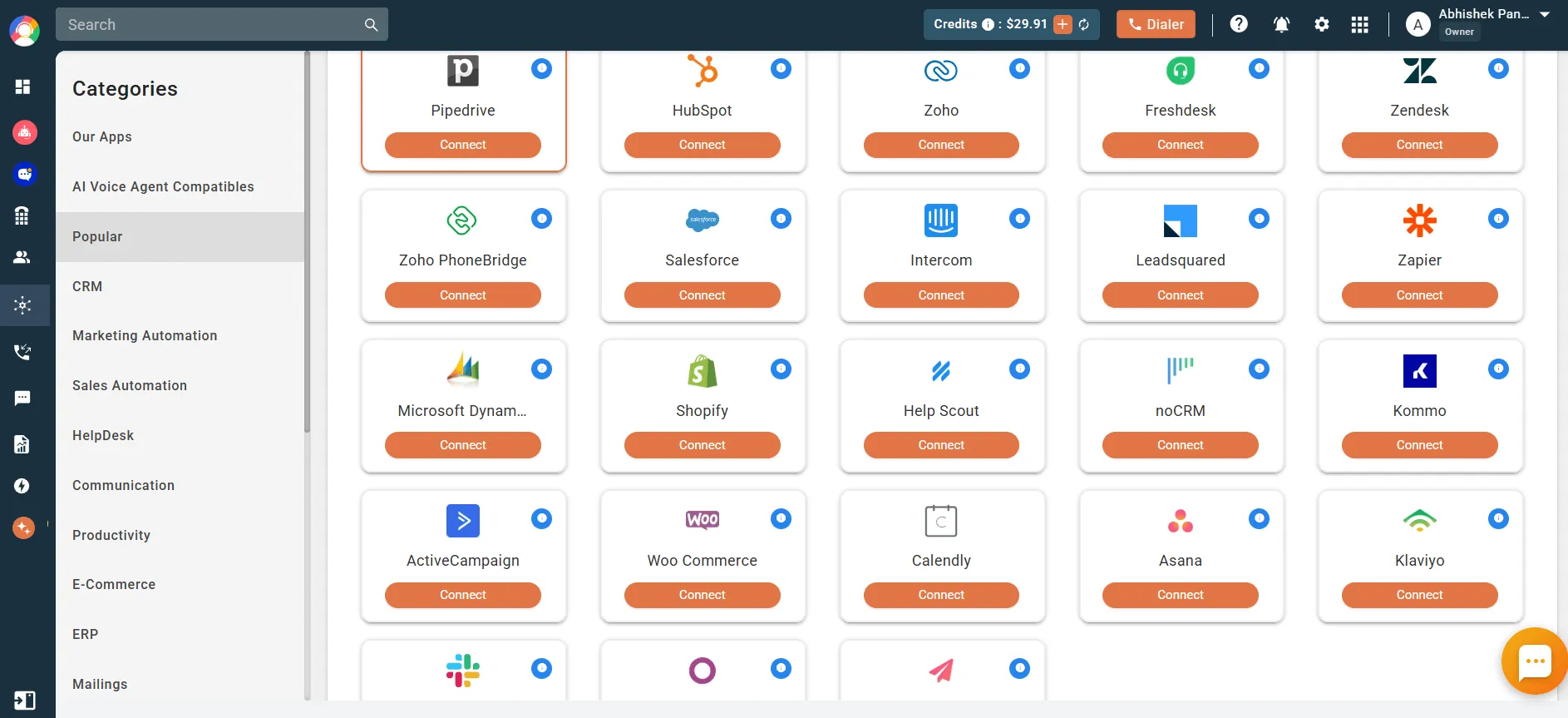 CRM Integrations with callhippo dashboard
