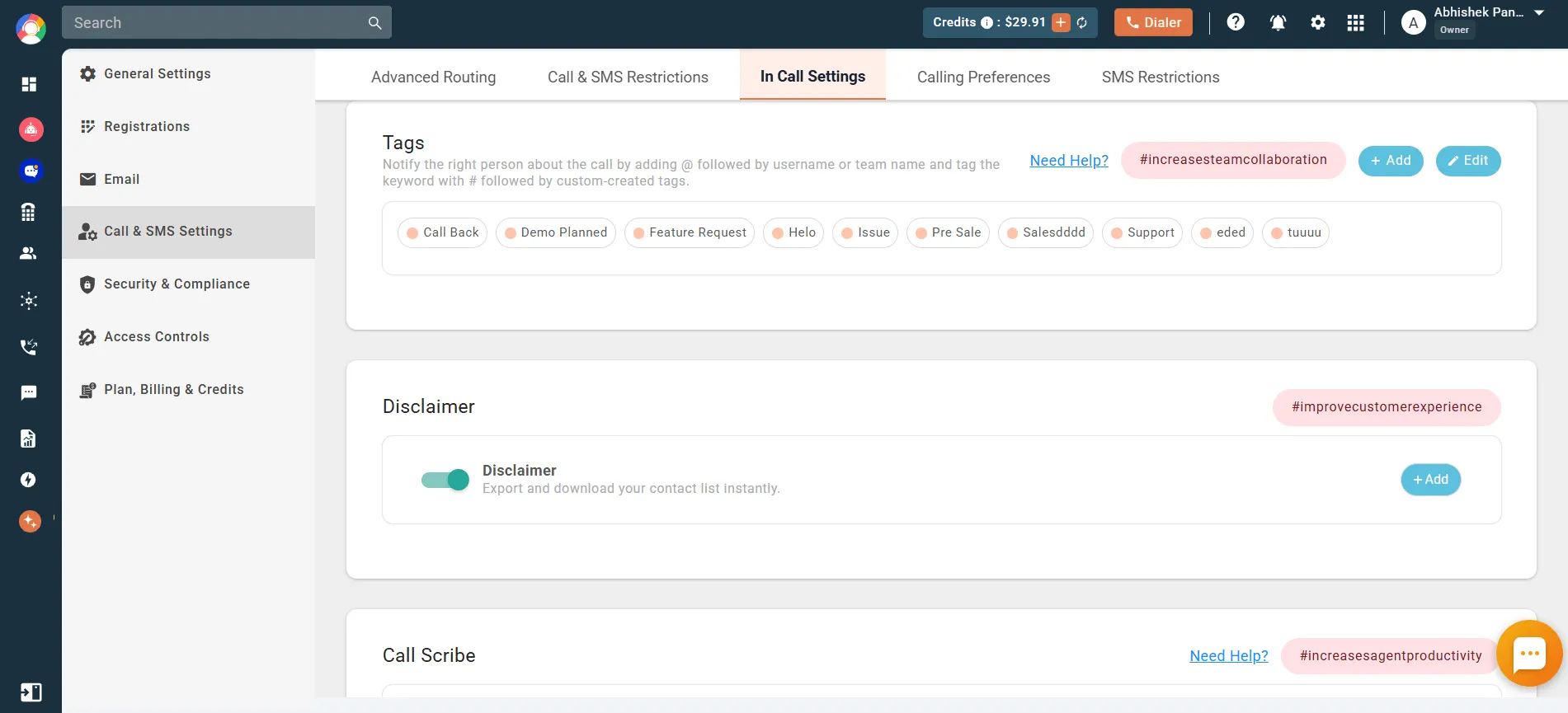 Call tags dashboard of callhippo