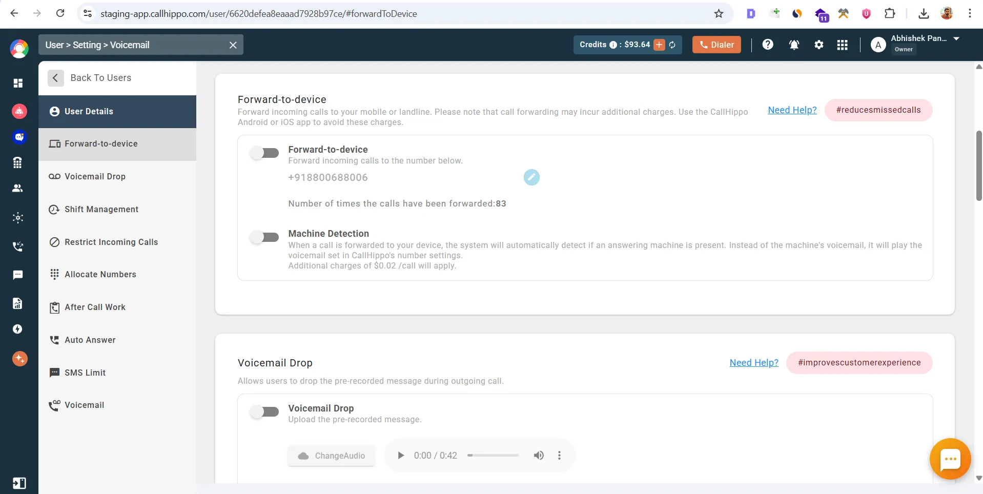 CallHippo Forwarding Voicemail feature