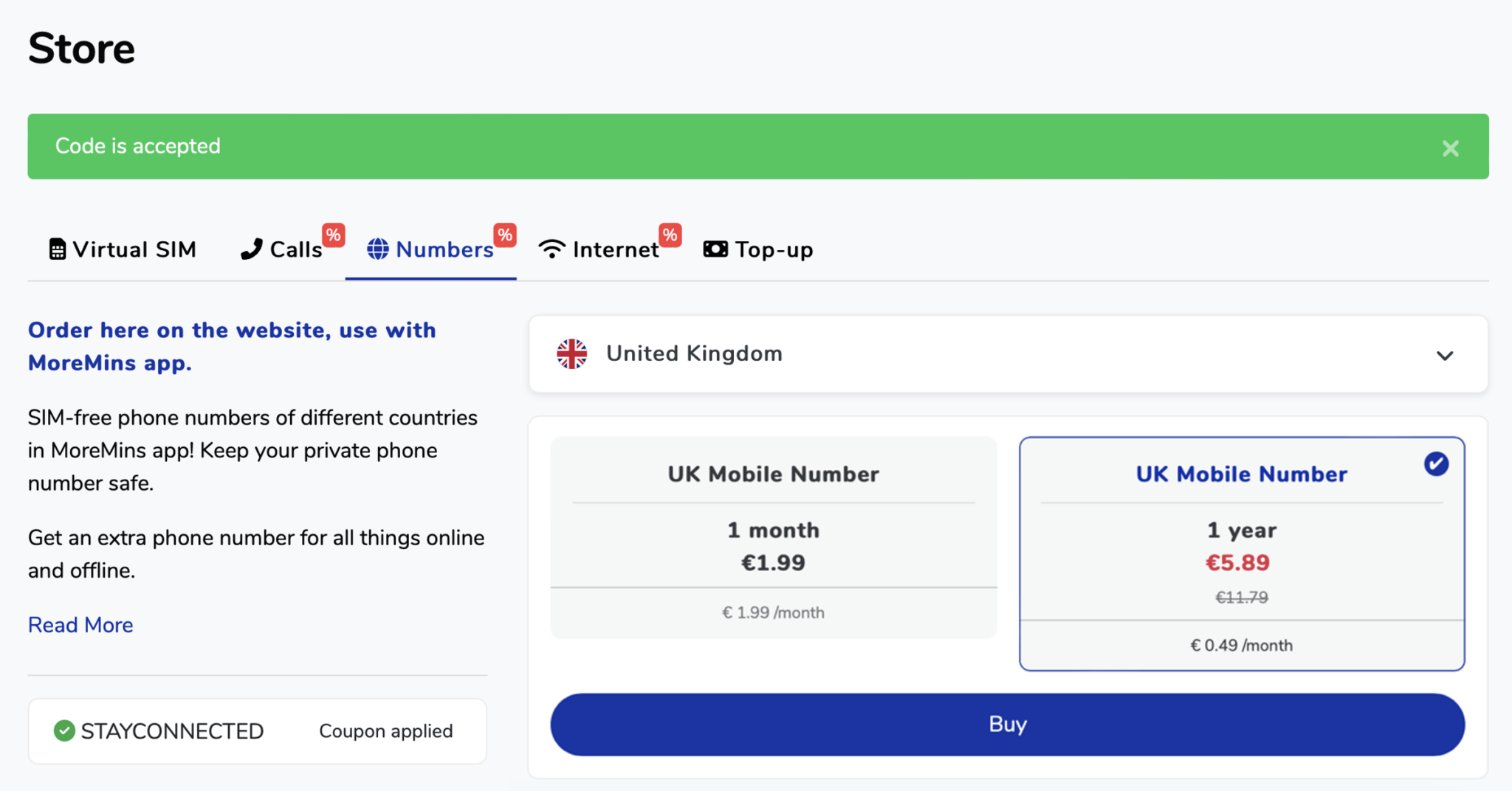get uk number from moremin