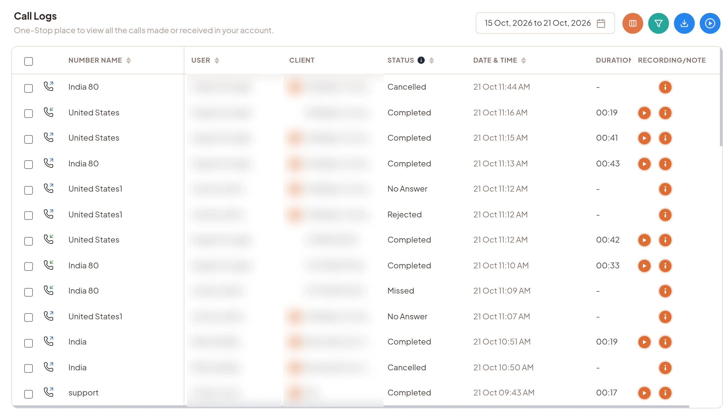 CallHippo call logs showing call status, duration and recordings