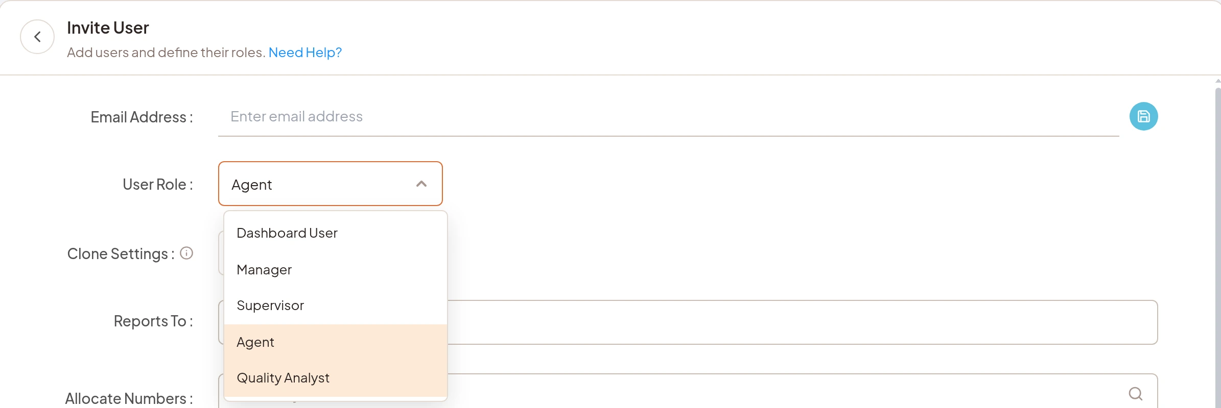 CallHippo Invite User form with the Quality Analyst (QA Agent) role