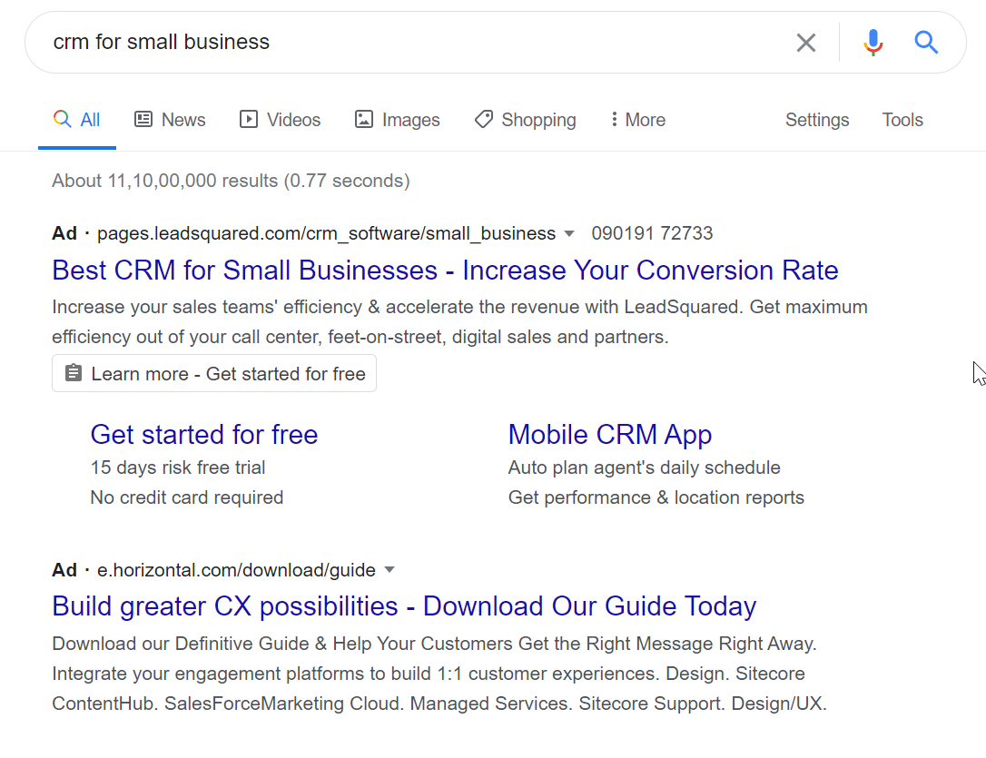 crm for small business SERP result