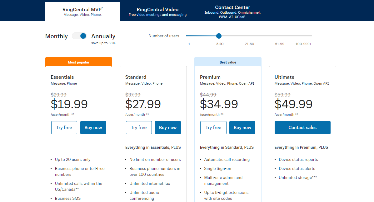 RingCentral pricing plans