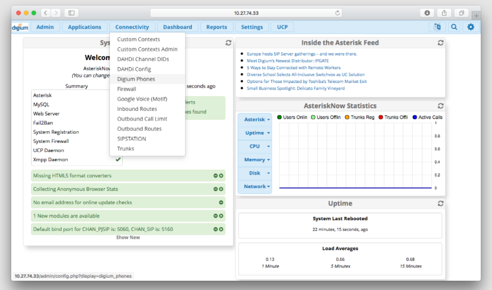 3CX vs. FreePBX vs. CallHippo: FreePBX dashboard view