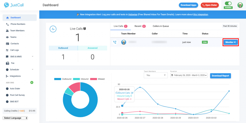 JustCall latest dashboard