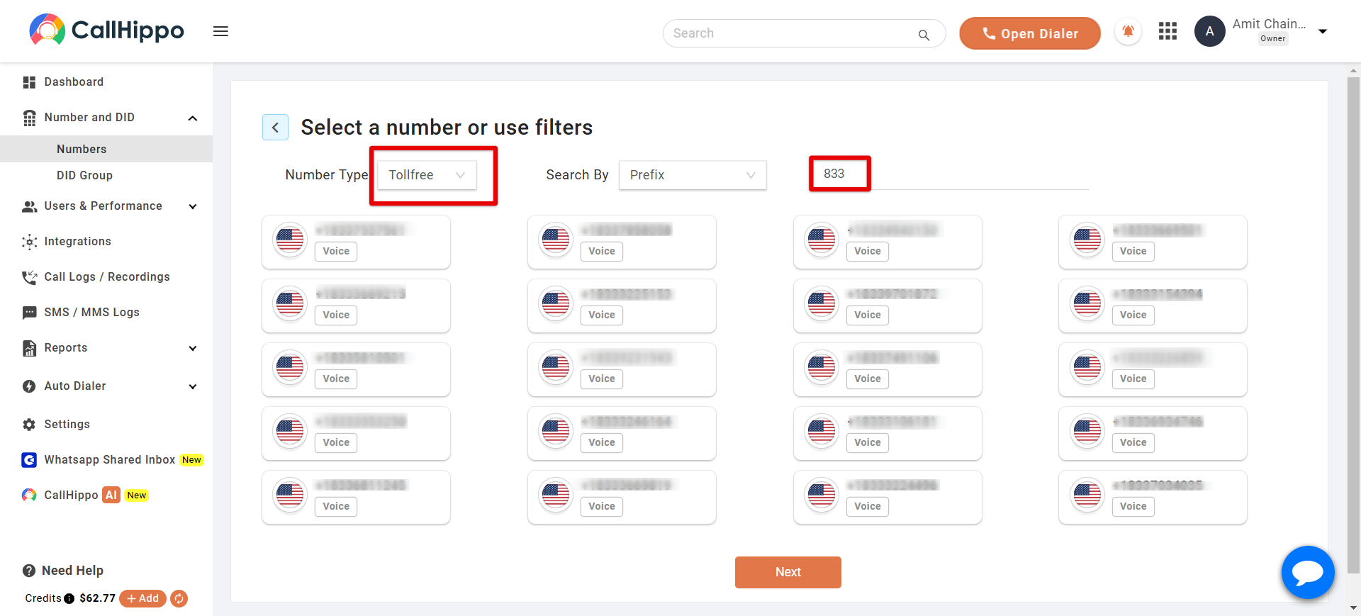 How to select 833 area code number from CallHippo