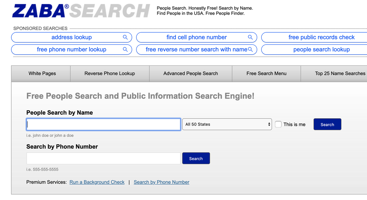 Zabasearch Dashboard