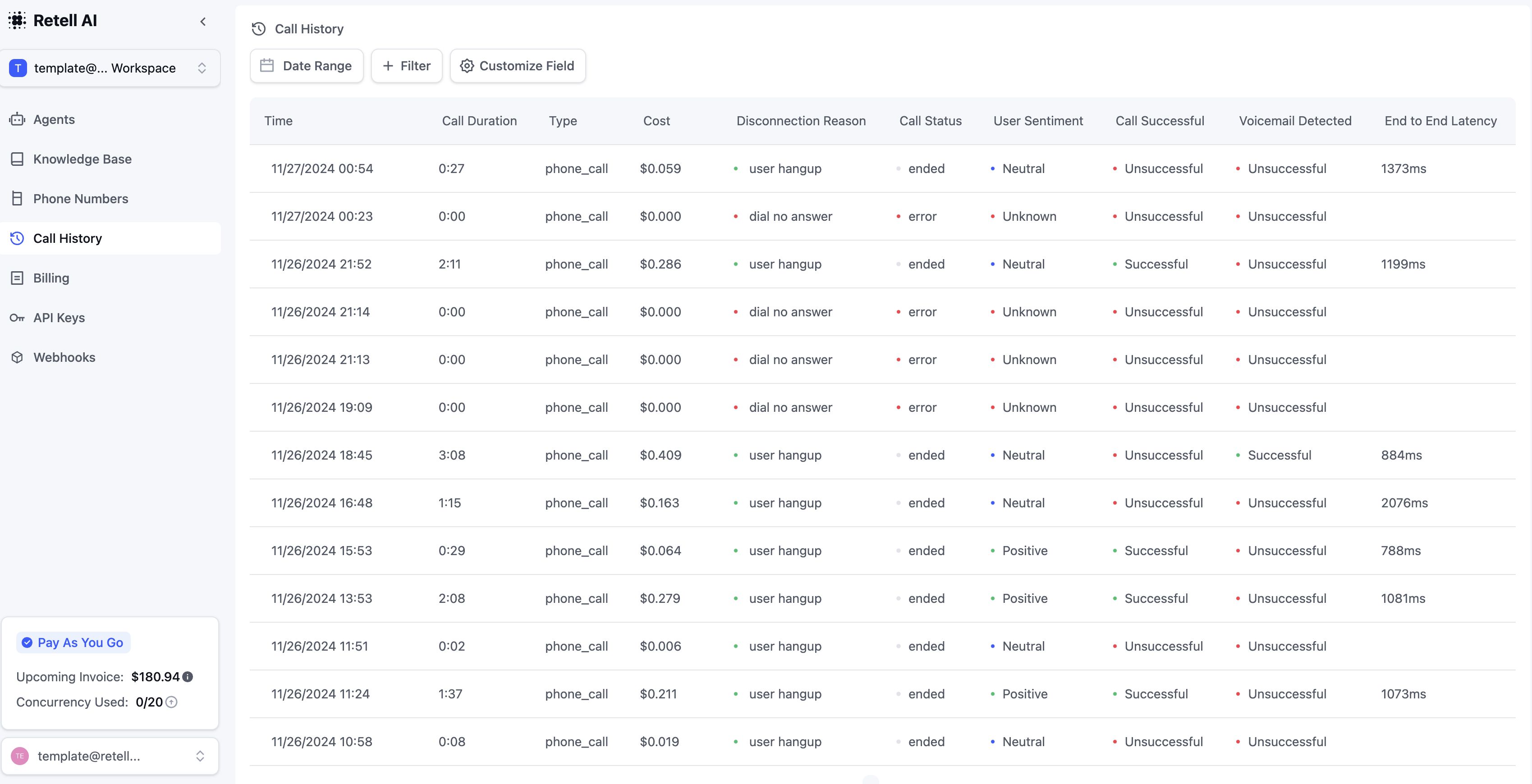 Retell AI dashboard