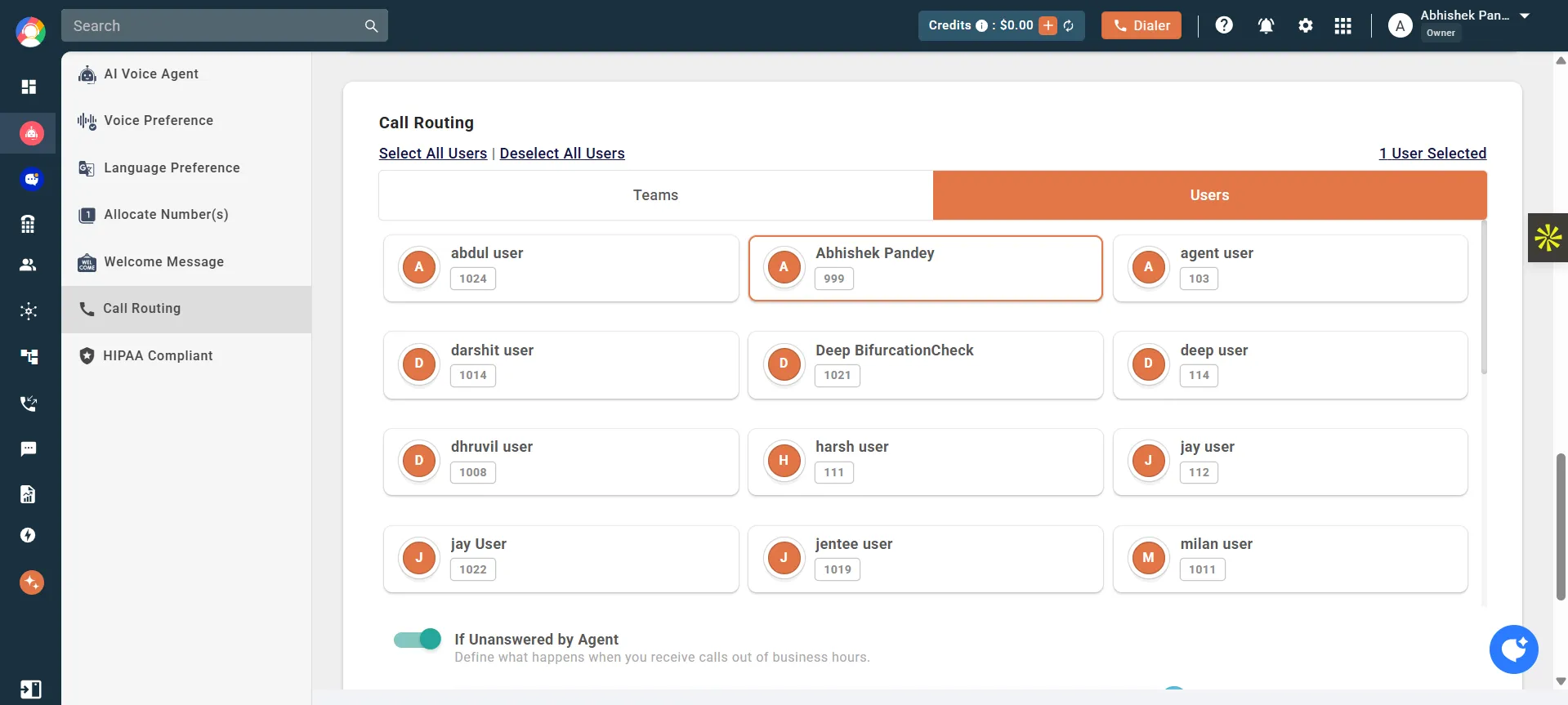 Call Routing feature dashboard callhippo