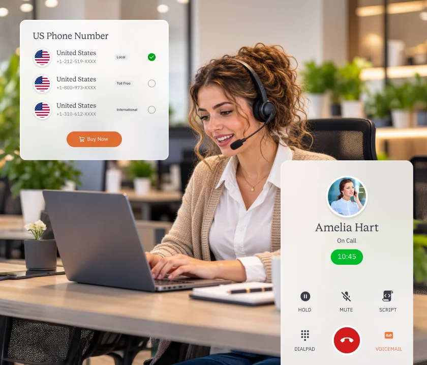 Seller taking a US buyer call on a laptop with a US phone number picker